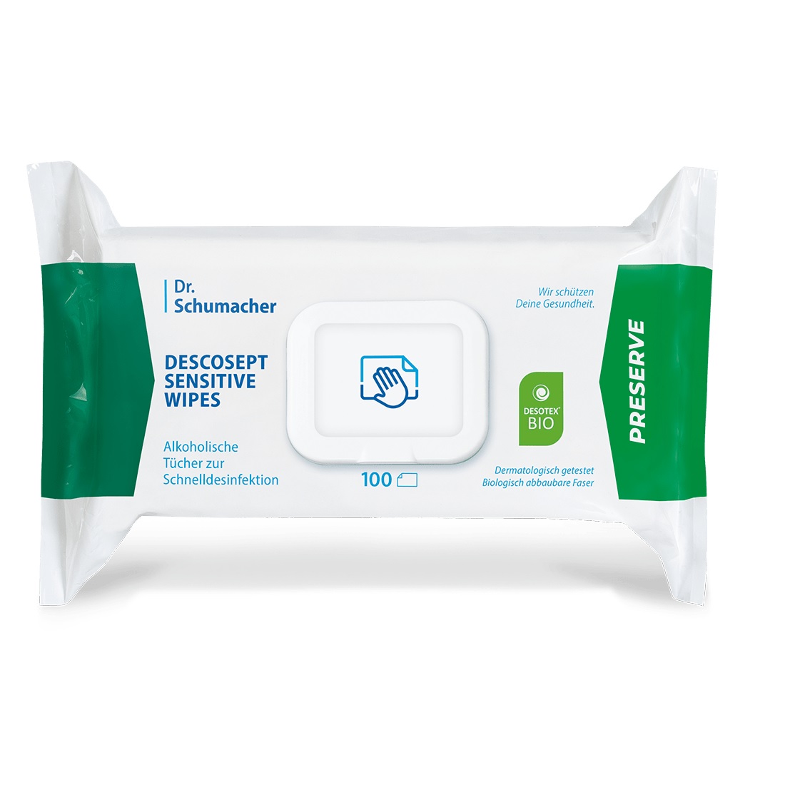 DESCOSEPT SENSITIVE WIPES, Flowpack 100 St., 20x20 cm , alkoholisch, Bio Vlies_P